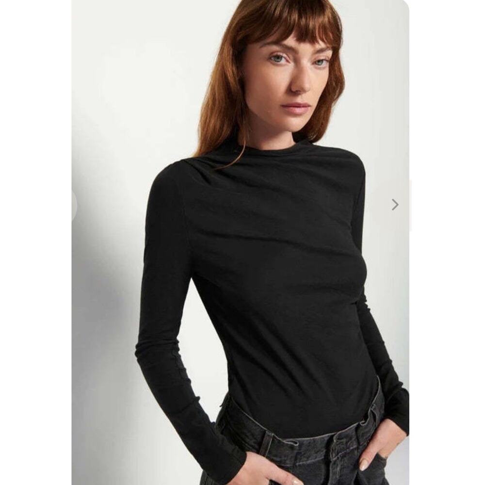 Nation LTD Charlotte Asymmetric Gathered Tee Jet Black Pima Cotton Sz M $108 NWT